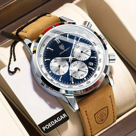 Cronógrafo de Relógio Masculino de Luxo POEDAGAR em Couro Marrom