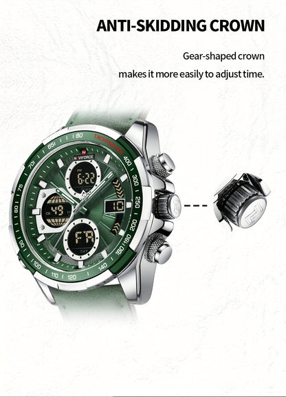 Relógio Masculino NAVIFORCE – Luxo esportivo, couro legítimo, resistente à água, cronógrafo e detalhes em verde.
