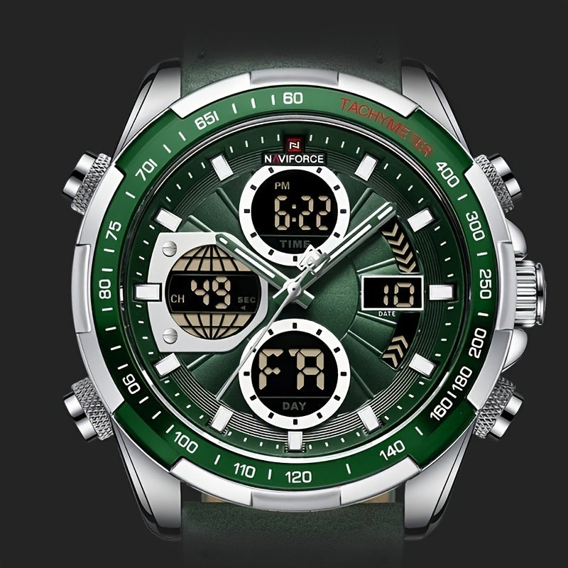 Relógio Masculino NAVIFORCE – Luxo esportivo, couro legítimo, resistente à água, cronógrafo e detalhes em verde.