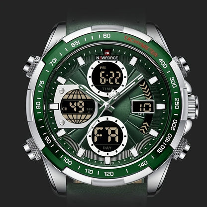 Relógio Masculino NAVIFORCE – Luxo esportivo, couro legítimo, resistente à água, cronógrafo e detalhes em verde.