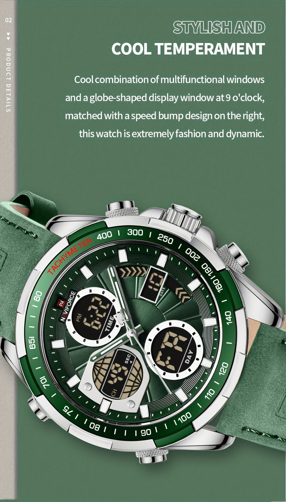 Relógio Masculino NAVIFORCE – Luxo esportivo, couro legítimo, resistente à água, cronógrafo e detalhes em verde.