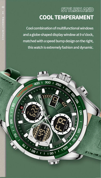 Relógio Masculino NAVIFORCE – Luxo esportivo, couro legítimo, resistente à água, cronógrafo e detalhes em verde.
