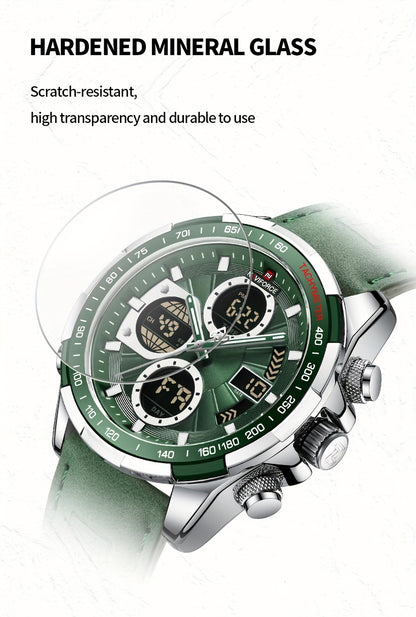 Relógio Masculino NAVIFORCE – Luxo esportivo, couro legítimo, resistente à água, cronógrafo e detalhes em verde.