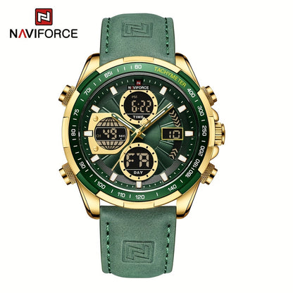 Relógio Masculino NAVIFORCE – Luxo esportivo, couro legítimo, resistente à água, cronógrafo e detalhes em verde.