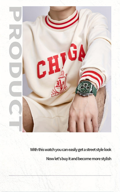 Relógio Masculino NAVIFORCE – Luxo esportivo, couro legítimo, resistente à água, cronógrafo e detalhes em verde.