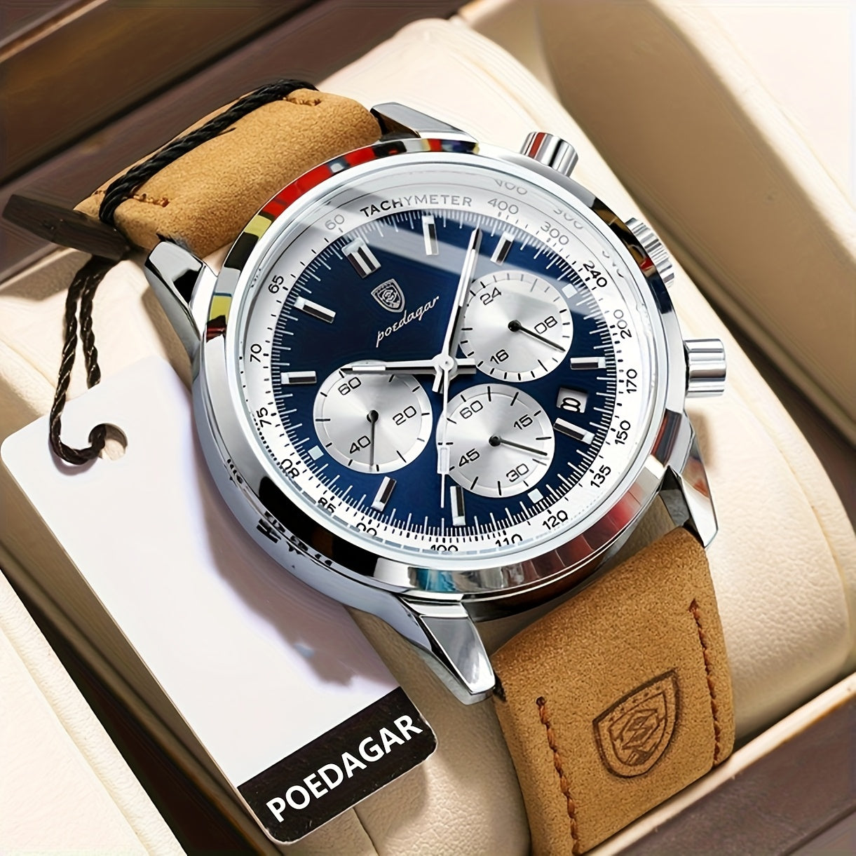 Cronógrafo de Relógio Masculino de Luxo POEDAGAR em Couro Marrom