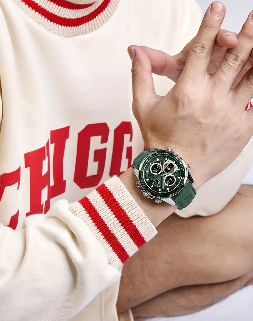 Relógio Masculino NAVIFORCE – Luxo esportivo, couro legítimo, resistente à água, cronógrafo e detalhes em verde.