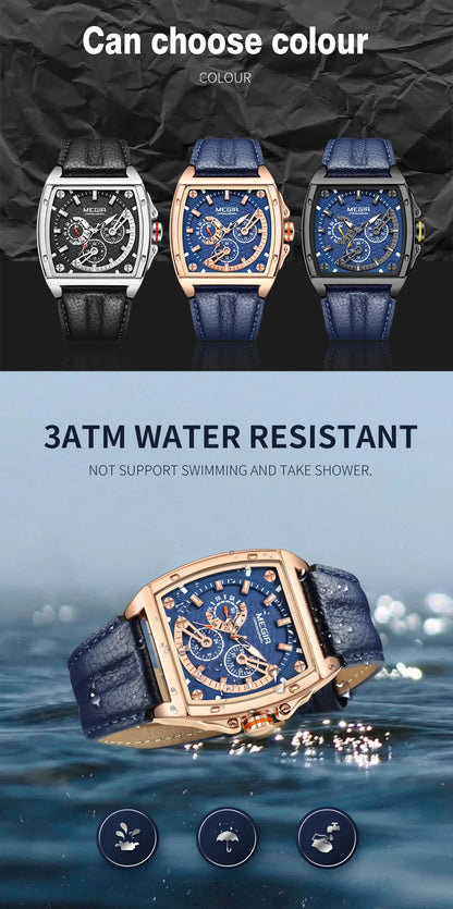 MEGIR™ 2204 – Relógio Masculino de Luxo Esportivo Retangular com Cronógrafo