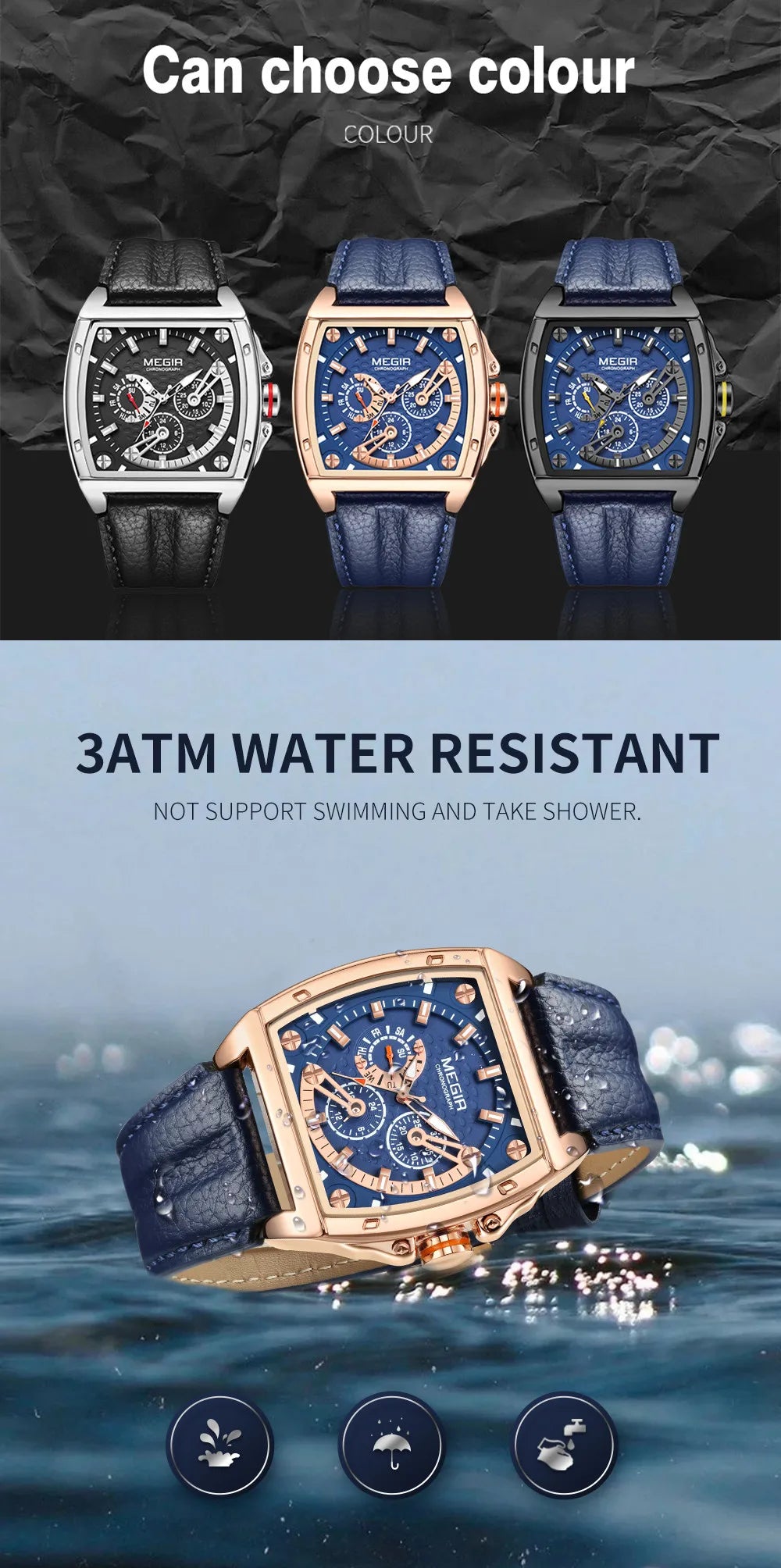 MEGIR™ 2204 – Relógio Masculino de Luxo Esportivo Retangular com Cronógrafo