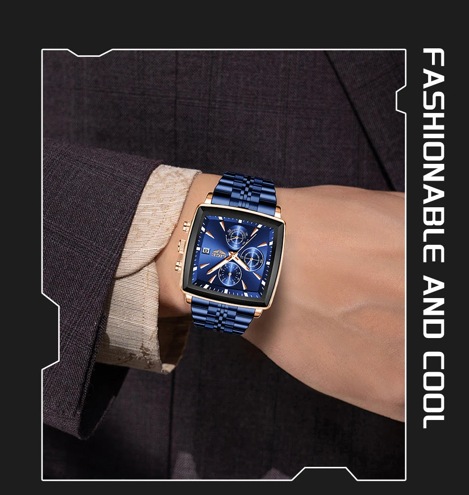 LIGE™ LG89208 – Relógio Masculino Esportivo Quadrado com Cronógrafo