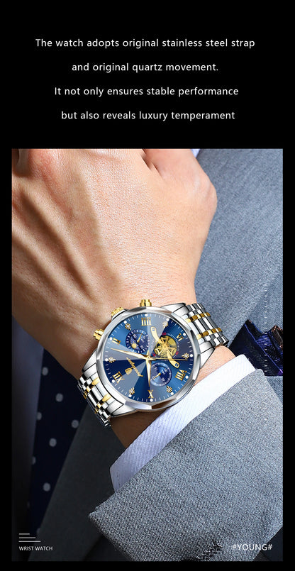 POEDAGAR Relógio Masculino de Luxo – À Prova d’Água, Cronógrafo, Ponteiros Luminosos e Caixa em Aço Inoxidável