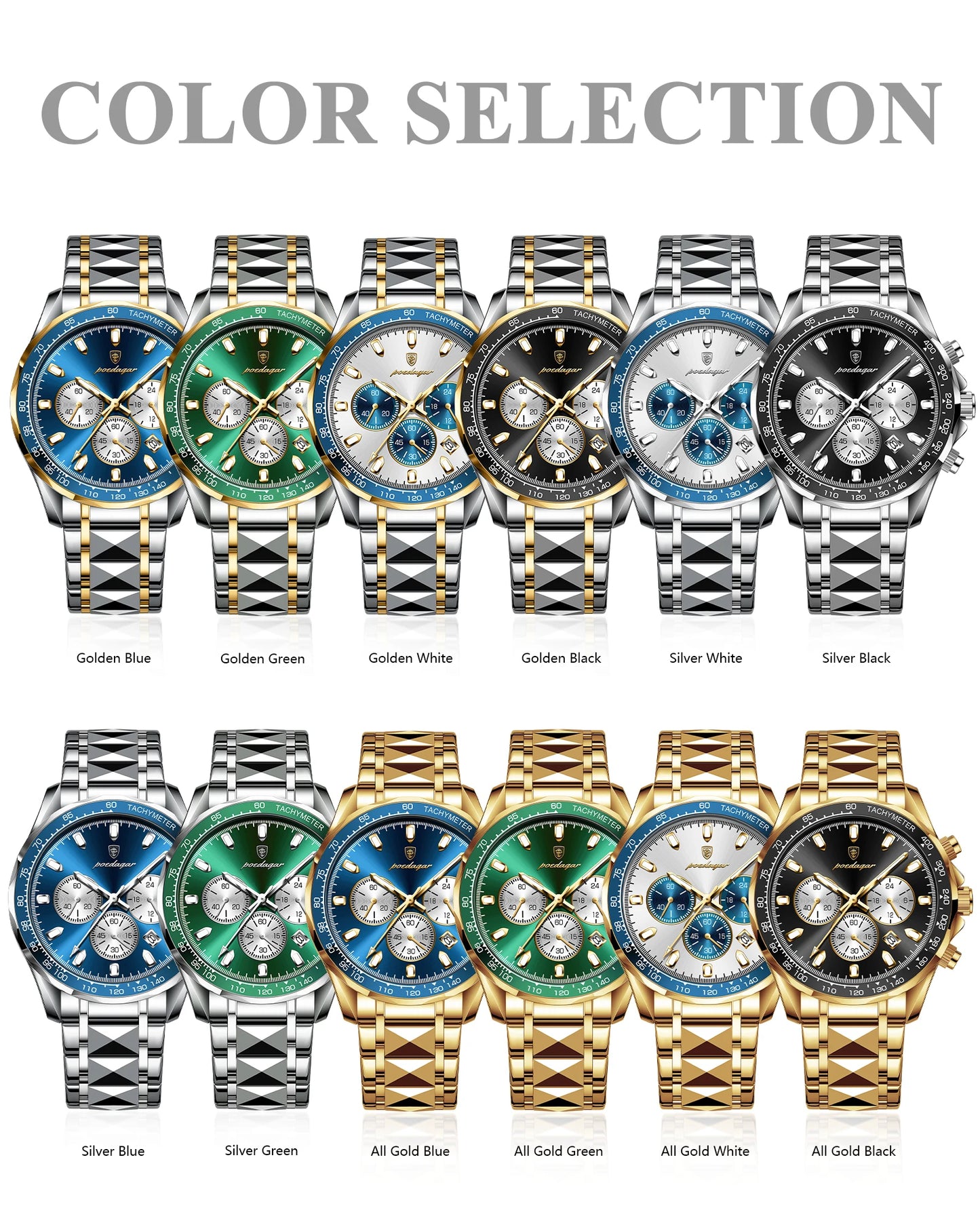 POEDAGAR™ 815-WH1 – Relógio Masculino de Luxo em Aço Inoxidável com Cronógrafo