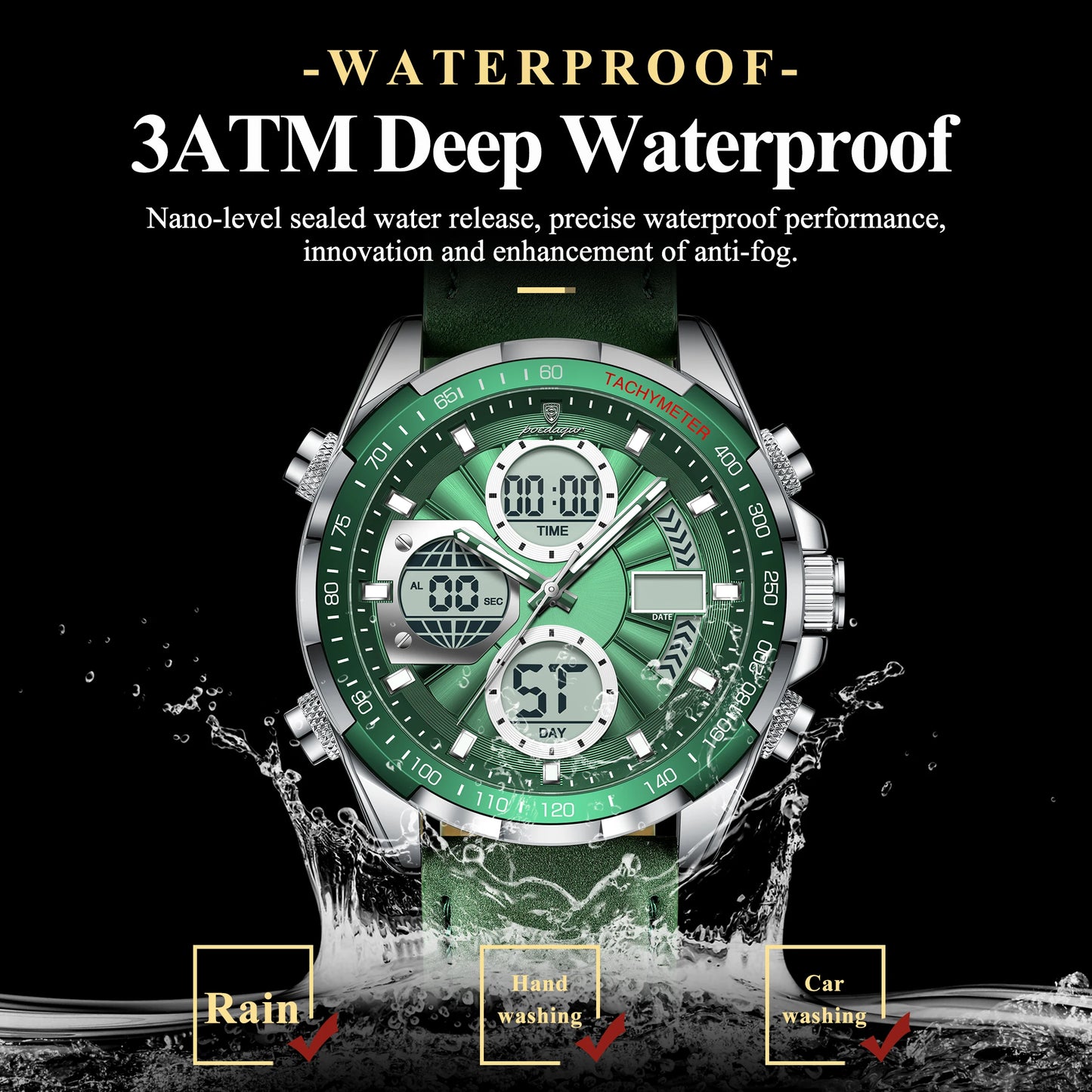 Relógio Masculino POEDAGAR Luxo Digital + Analógico LED - Coluna Dupla, Alarme, Data, Luminoso, Resistente à Água