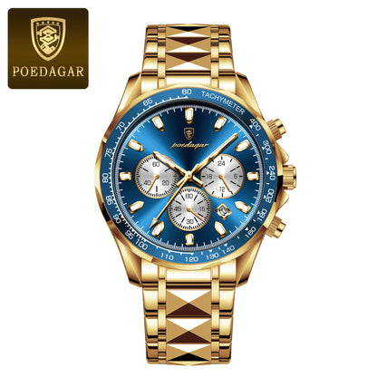 POEDAGAR™ 815-WH1 – Relógio Masculino de Luxo em Aço Inoxidável com Cronógrafo