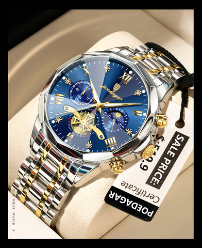 POEDAGAR Relógio Masculino de Luxo – À Prova d’Água, Cronógrafo, Ponteiros Luminosos e Caixa em Aço Inoxidável