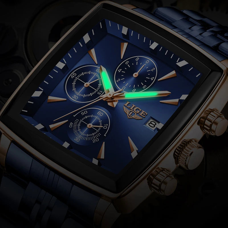 LIGE™ LG89208 – Relógio Masculino Esportivo Quadrado com Cronógrafo