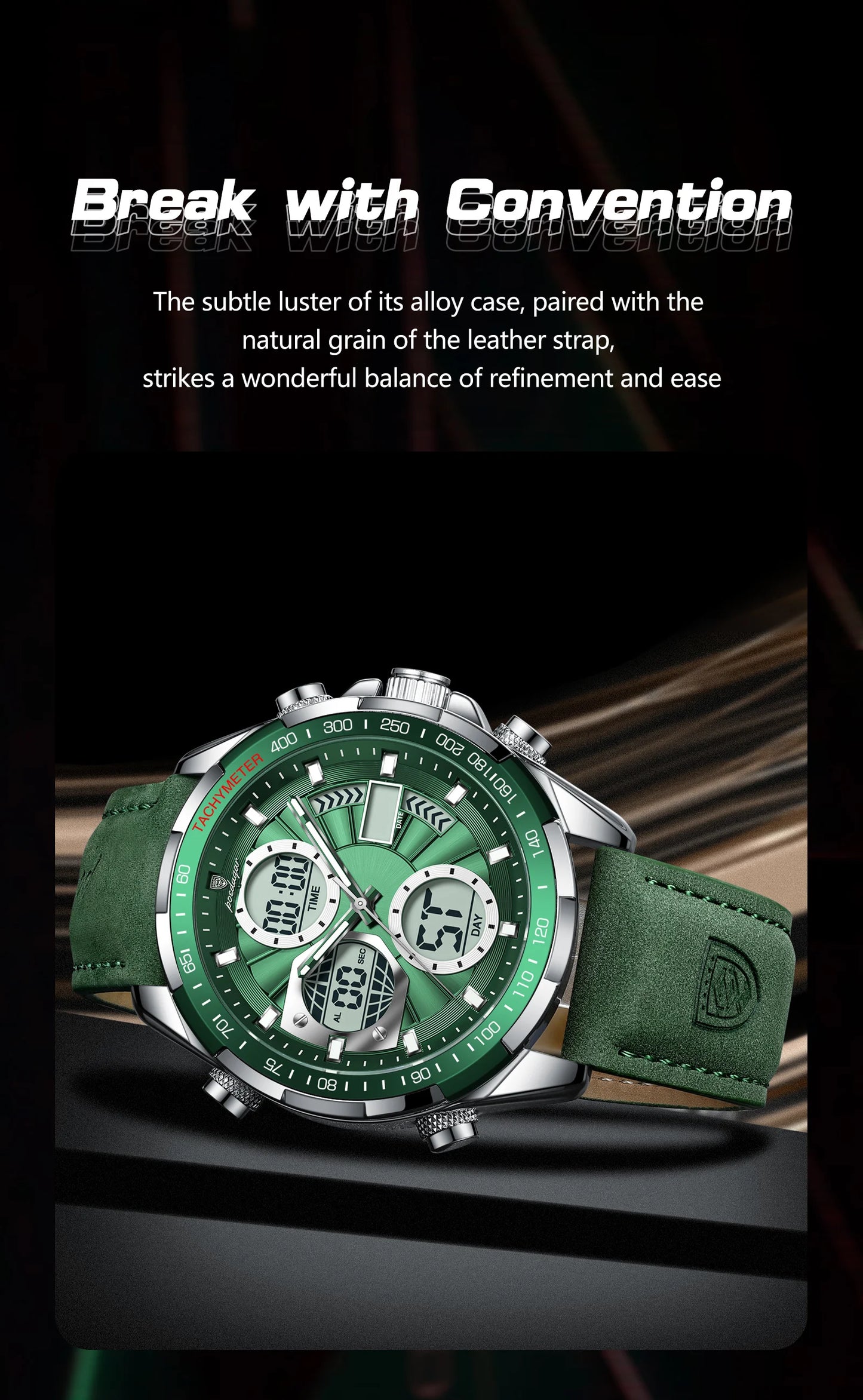 Relógio Masculino POEDAGAR Luxo Digital + Analógico LED - Coluna Dupla, Alarme, Data, Luminoso, Resistente à Água