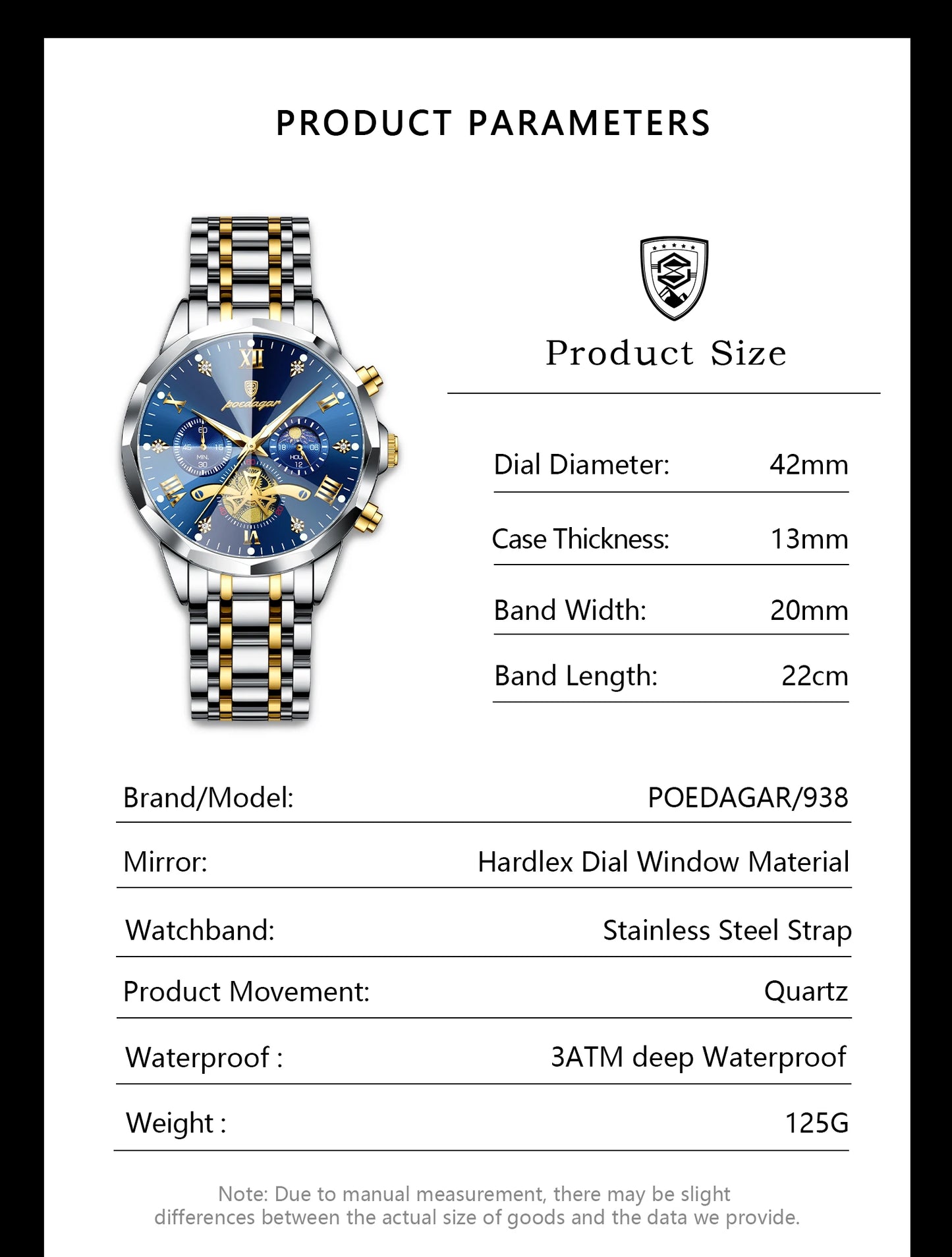 POEDAGAR Relógio Masculino de Luxo – À Prova d’Água, Cronógrafo, Ponteiros Luminosos e Caixa em Aço Inoxidável