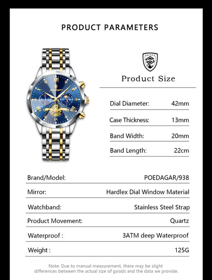 POEDAGAR Relógio Masculino de Luxo – À Prova d’Água, Cronógrafo, Ponteiros Luminosos e Caixa em Aço Inoxidável