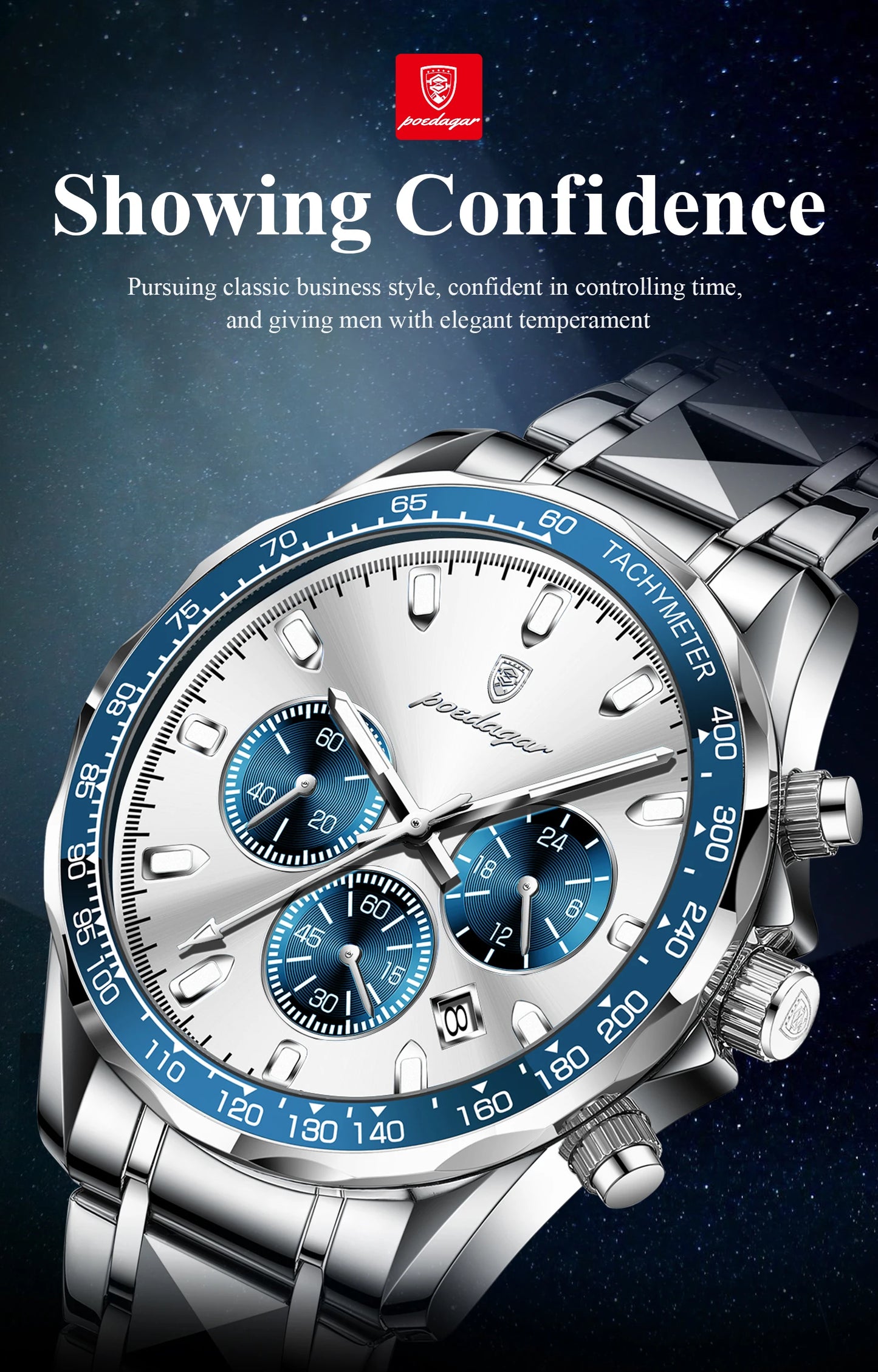 POEDAGAR™ 815-WH1 – Relógio Masculino de Luxo em Aço Inoxidável com Cronógrafo