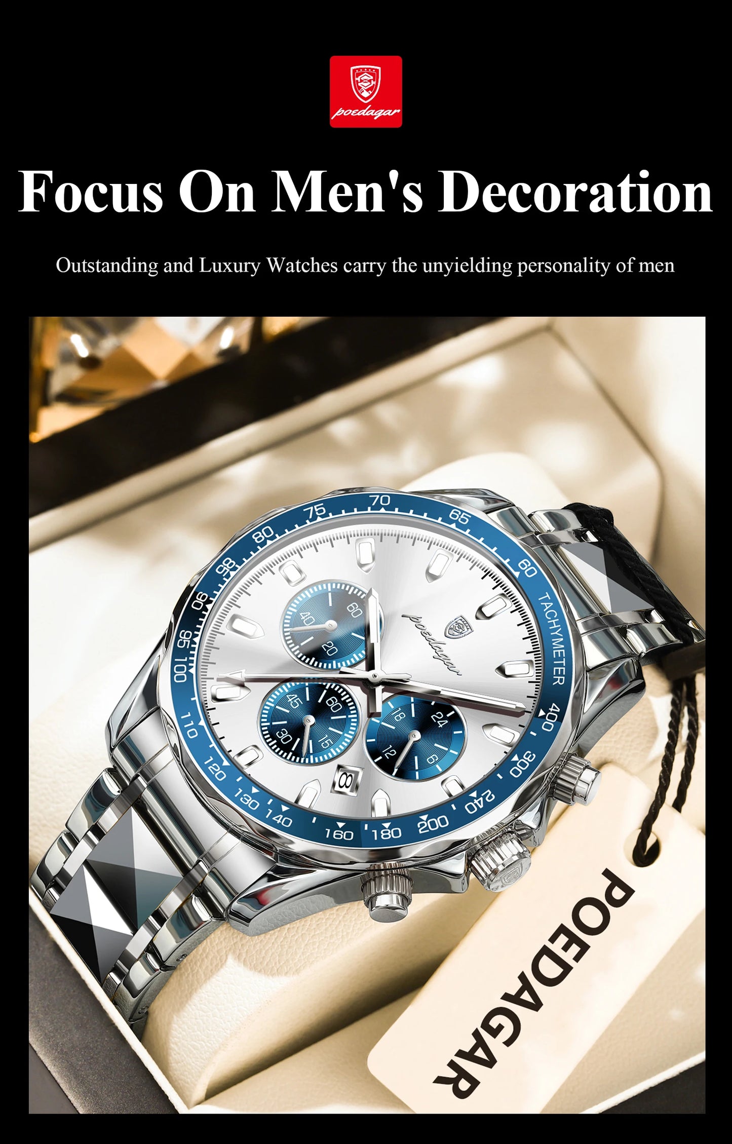 POEDAGAR™ 815-WH1 – Relógio Masculino de Luxo em Aço Inoxidável com Cronógrafo