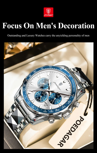 POEDAGAR™ 815-WH1 – Relógio Masculino de Luxo em Aço Inoxidável com Cronógrafo