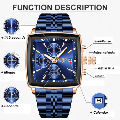 LIGE™ LG89208 – Relógio Masculino Esportivo Quadrado com Cronógrafo