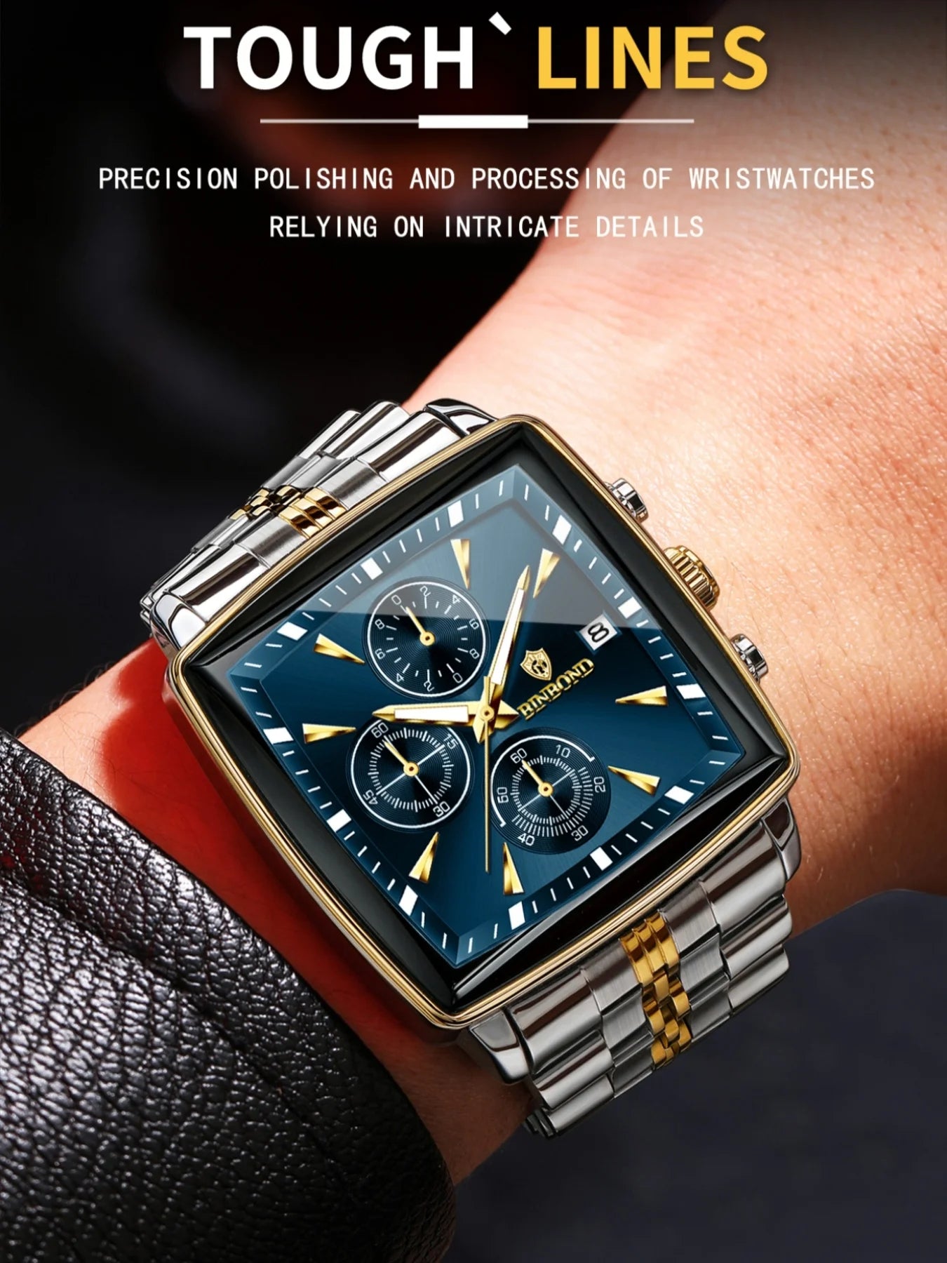 BINBOND™ B911 – Relógio Masculino de Luxo Quadrado em Aço Inoxidável