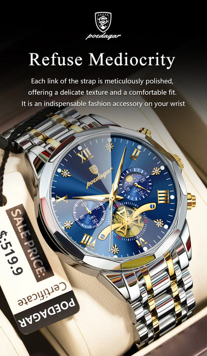 POEDAGAR Relógio Masculino de Luxo – À Prova d’Água, Cronógrafo, Ponteiros Luminosos e Caixa em Aço Inoxidável