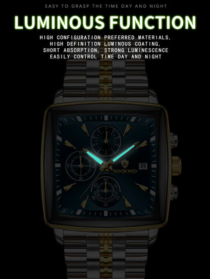 BINBOND™ B911 – Relógio Masculino de Luxo Quadrado em Aço Inoxidável