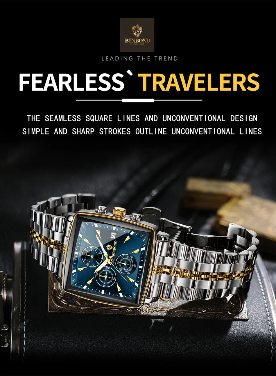 BINBOND™ – Relógio Masculino Esportivo de Luxo Quadrado com Cronógrafo