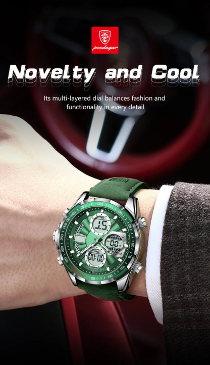 Relógio Masculino POEDAGAR Luxo Digital + Analógico LED - Coluna Dupla, Alarme, Data, Luminoso, Resistente à Água
