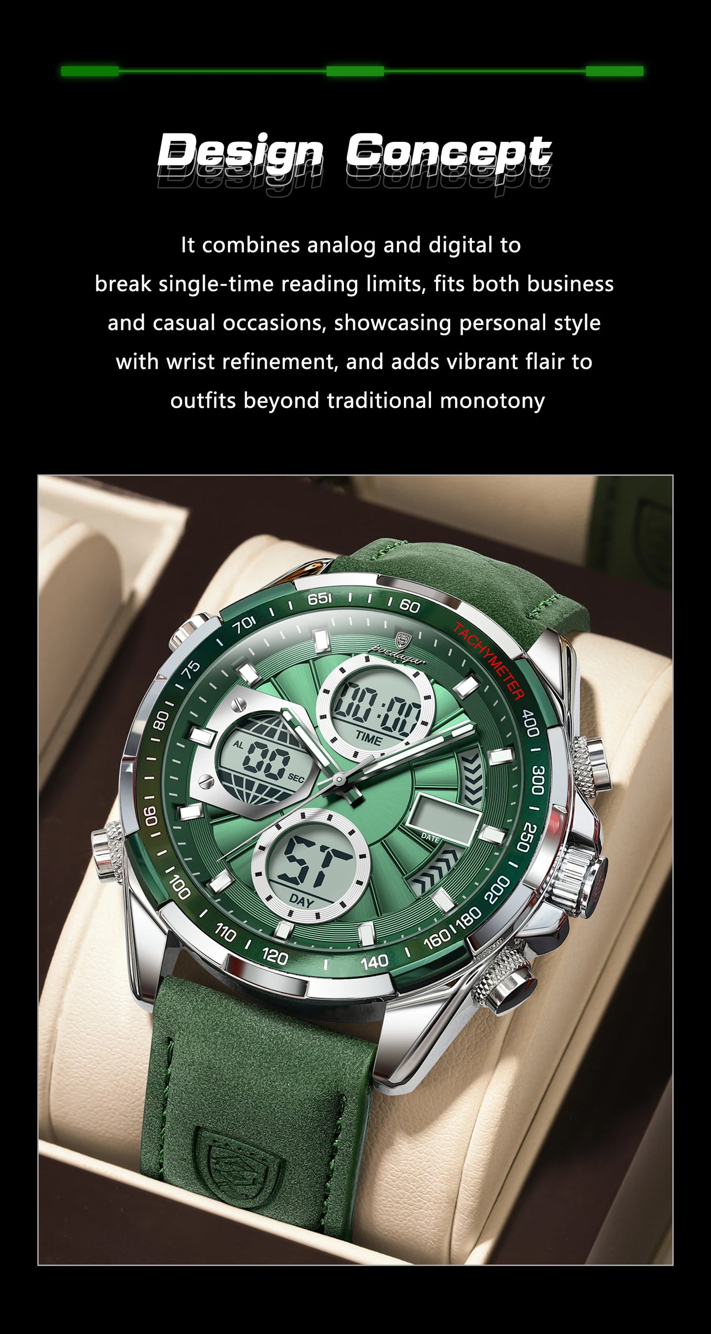 Relógio Masculino POEDAGAR Luxo Digital + Analógico LED - Coluna Dupla, Alarme, Data, Luminoso, Resistente à Água