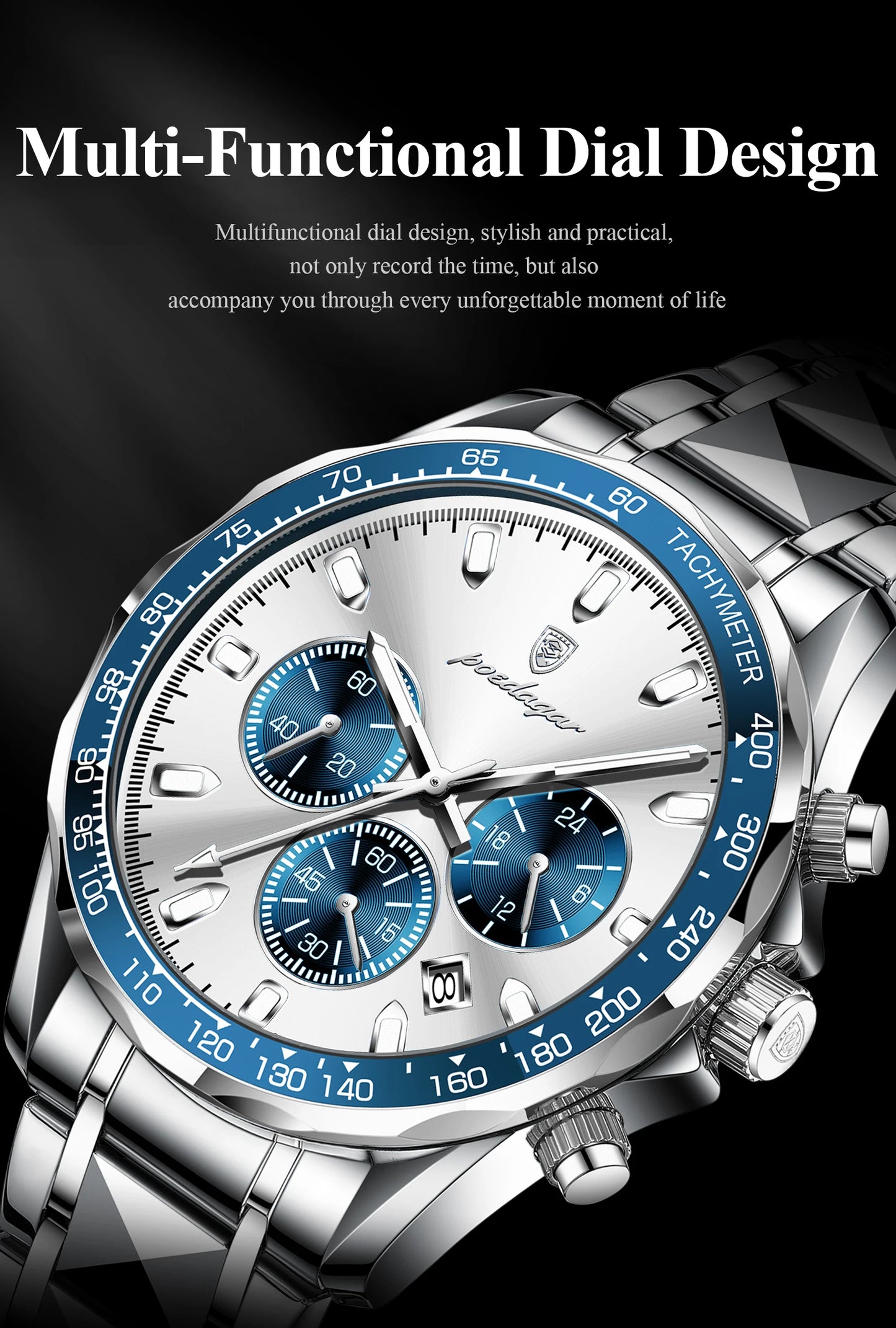 POEDAGAR™ 815-WH1 – Relógio Masculino de Luxo em Aço Inoxidável com Cronógrafo