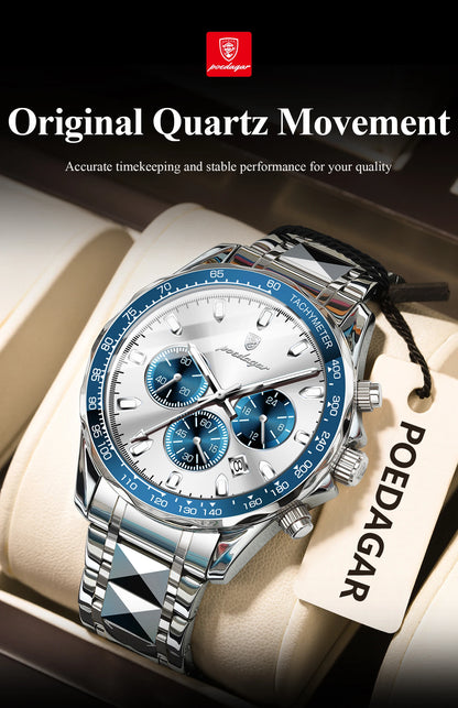 POEDAGAR™ 815-WH1 – Relógio Masculino de Luxo em Aço Inoxidável com Cronógrafo