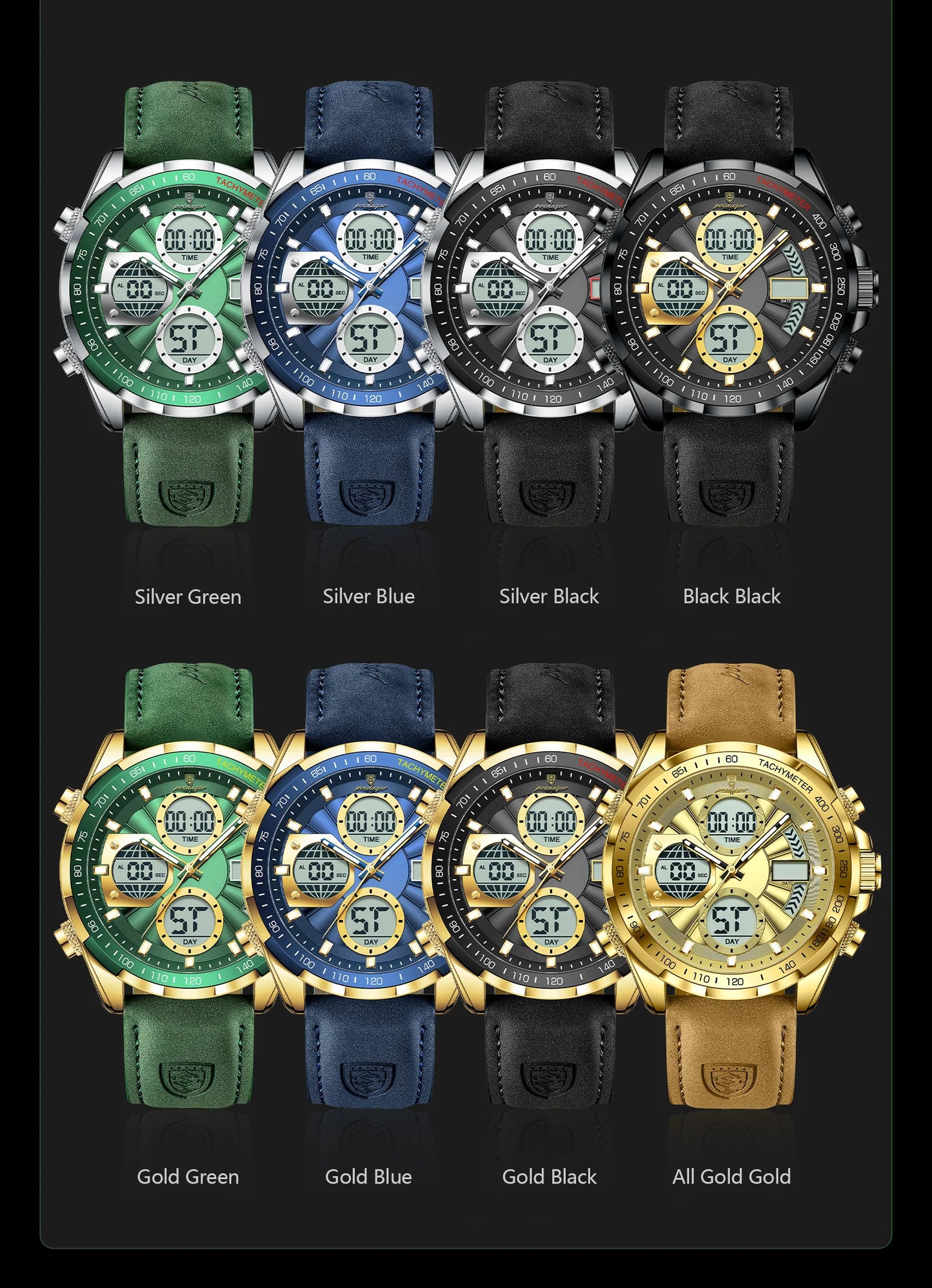 Relógio Masculino POEDAGAR Luxo Digital + Analógico LED - Coluna Dupla, Alarme, Data, Luminoso, Resistente à Água