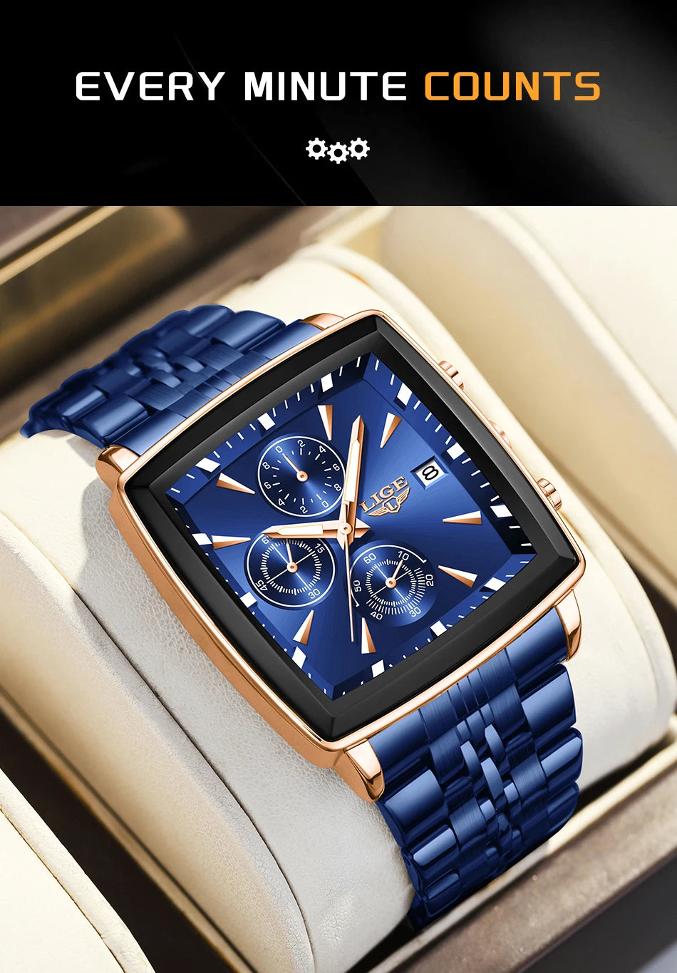 LIGE™ LG89208 – Relógio Masculino Esportivo Quadrado com Cronógrafo