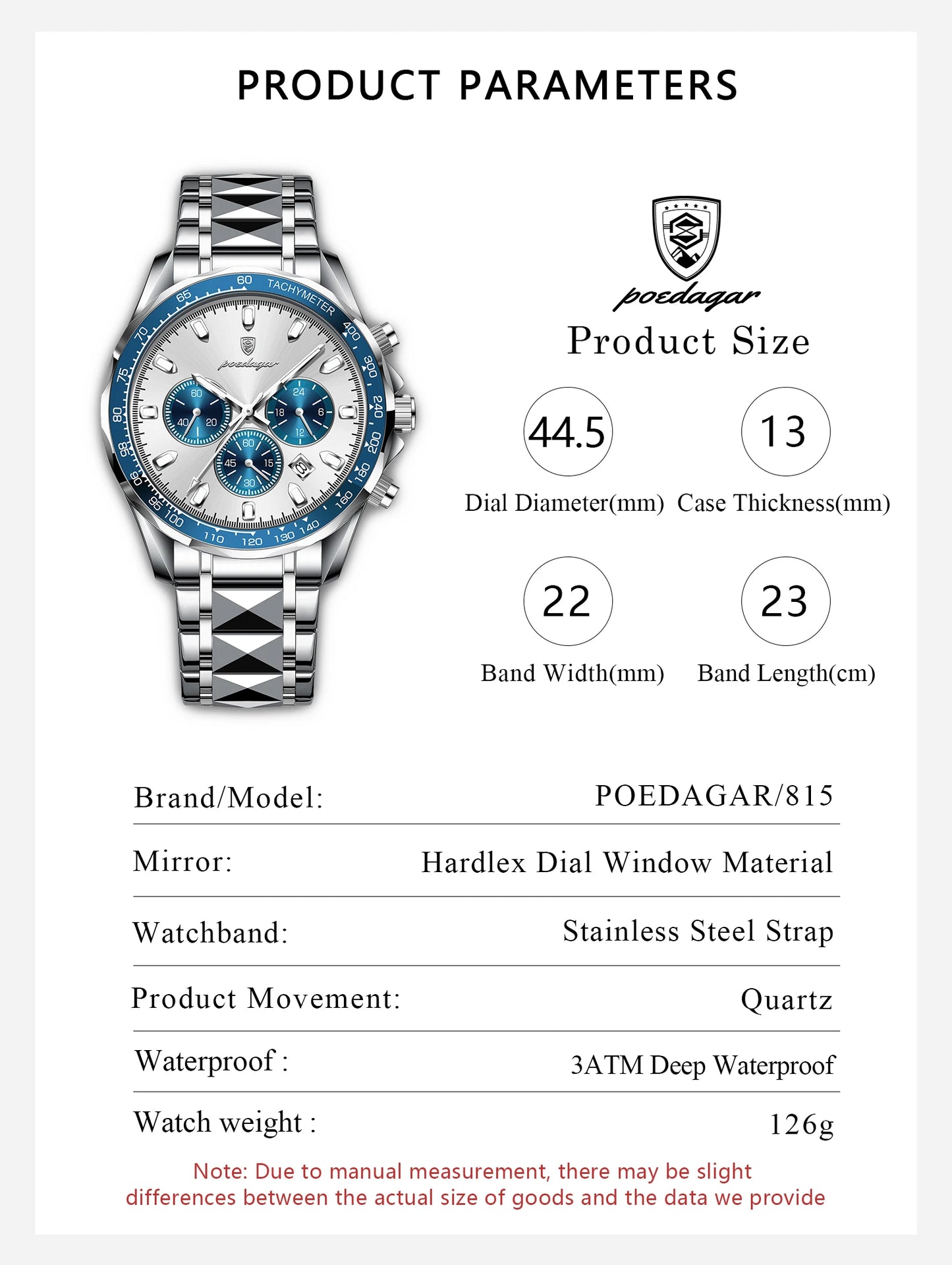 POEDAGAR™ 815-WH1 – Relógio Masculino de Luxo em Aço Inoxidável com Cronógrafo