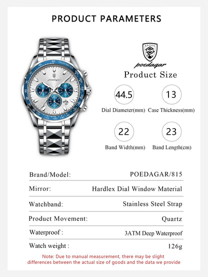 POEDAGAR™ 815-WH1 – Relógio Masculino de Luxo em Aço Inoxidável com Cronógrafo