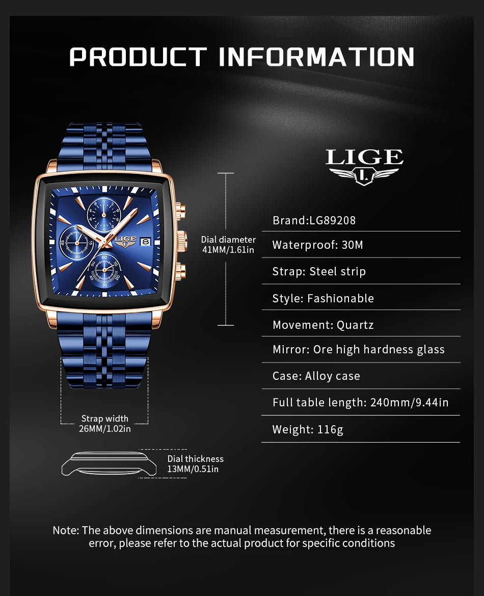 LIGE™ LG89208 – Relógio Masculino Esportivo Quadrado com Cronógrafo