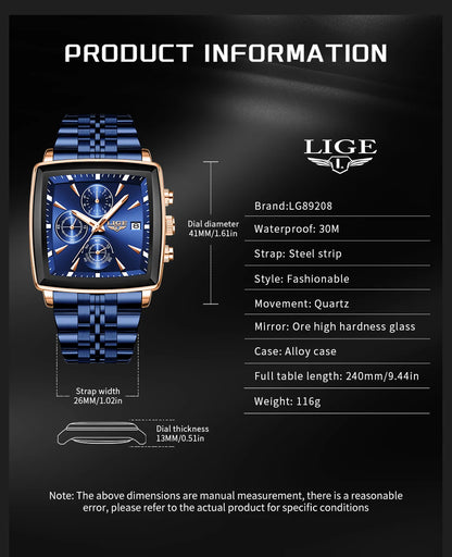 LIGE™ LG89208 – Relógio Masculino Esportivo Quadrado com Cronógrafo