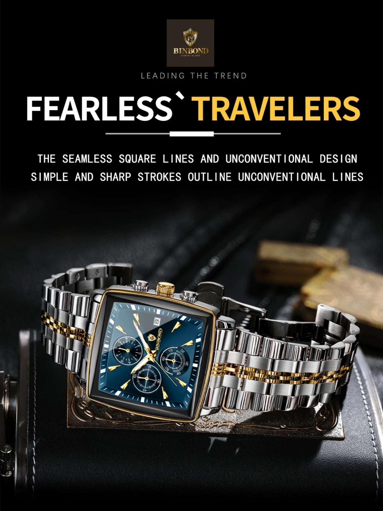 BINBOND™ B911 – Relógio Masculino de Luxo Quadrado em Aço Inoxidável