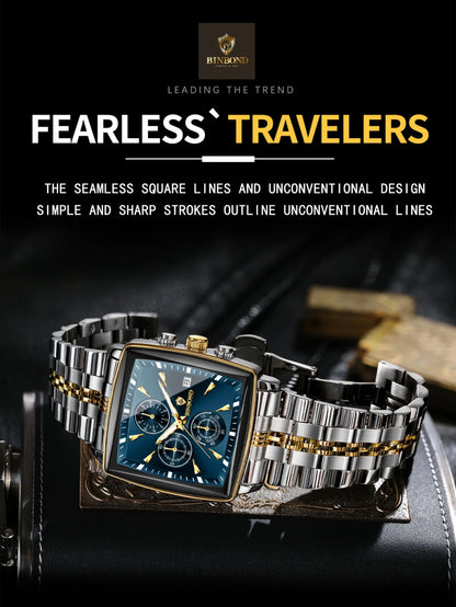 BINBOND™ B911 – Relógio Masculino de Luxo Quadrado em Aço Inoxidável