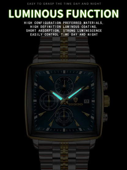 BINBOND™ B911 – Relógio Masculino de Luxo Quadrado em Aço Inoxidável