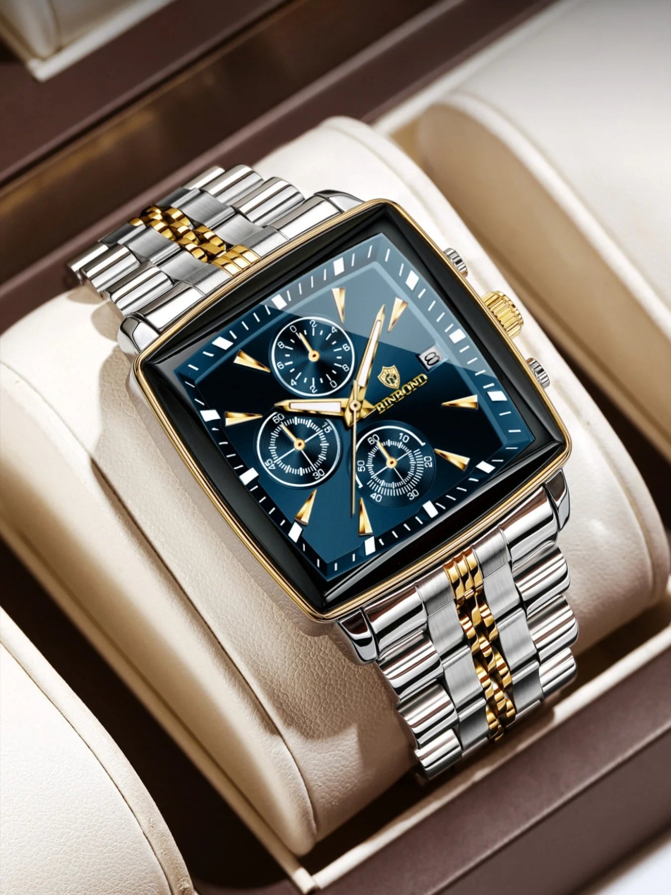 BINBOND™ B911 – Relógio Masculino de Luxo Quadrado em Aço Inoxidável