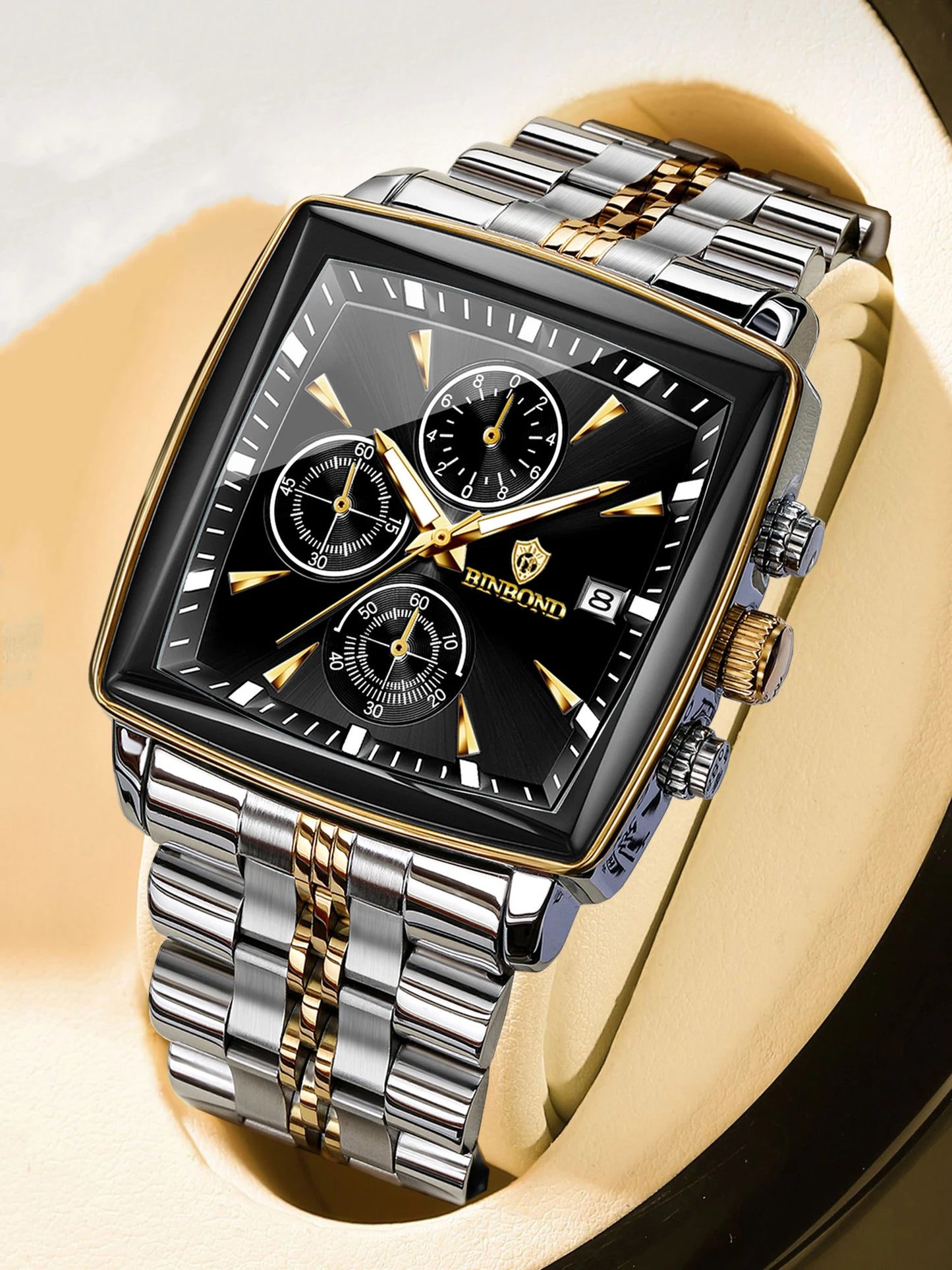 BINBOND™ B911 – Relógio Masculino de Luxo Quadrado em Aço Inoxidável