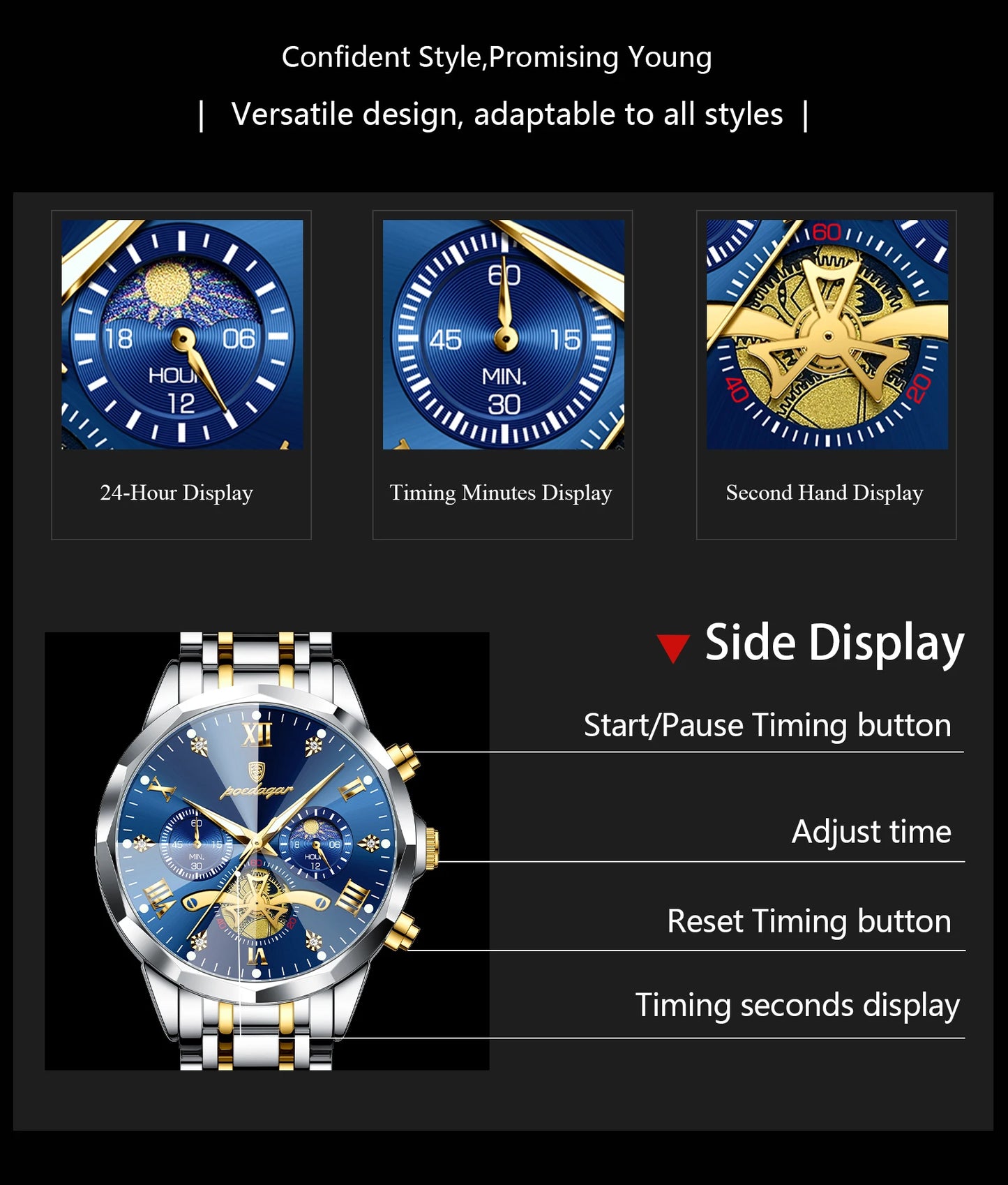 POEDAGAR Relógio Masculino de Luxo – À Prova d’Água, Cronógrafo, Ponteiros Luminosos e Caixa em Aço Inoxidável