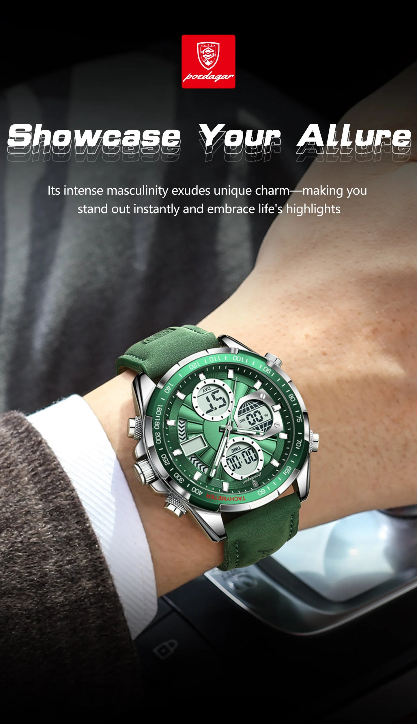 Relógio Masculino POEDAGAR Luxo Digital + Analógico LED - Coluna Dupla, Alarme, Data, Luminoso, Resistente à Água