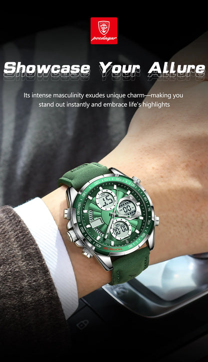 Relógio Masculino POEDAGAR Luxo Digital + Analógico LED - Coluna Dupla, Alarme, Data, Luminoso, Resistente à Água