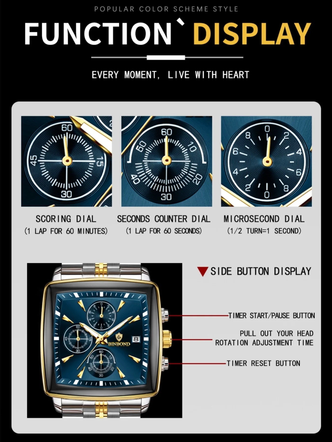 BINBOND™ B911 – Relógio Masculino de Luxo Quadrado em Aço Inoxidável